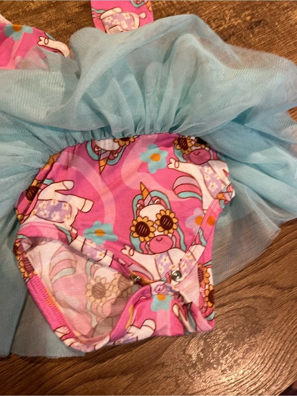 Posh Peanut “groovy unicorn” Print Bodysuit with Light Blue Tulle Skirt